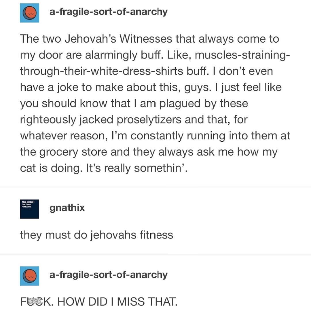 OMG these Jehovah's Witnesses are so ripped, they basically do 'Jehovah's Fitness'