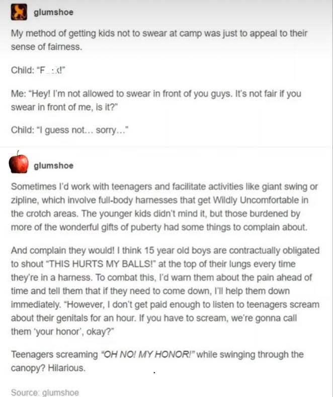 This camp counselor's method of dealing with swearing kids and then the teen boy's reaction to the harness is too good.