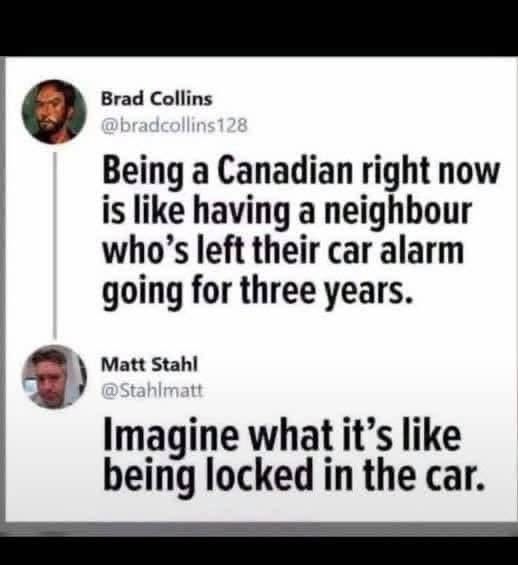 OMG Canadian neighbor vibes, but the car alarm never stops