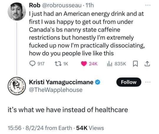 Canadian drinks an American energy drink and freaks out, and someone replies that it's what they have instead of healthcare.