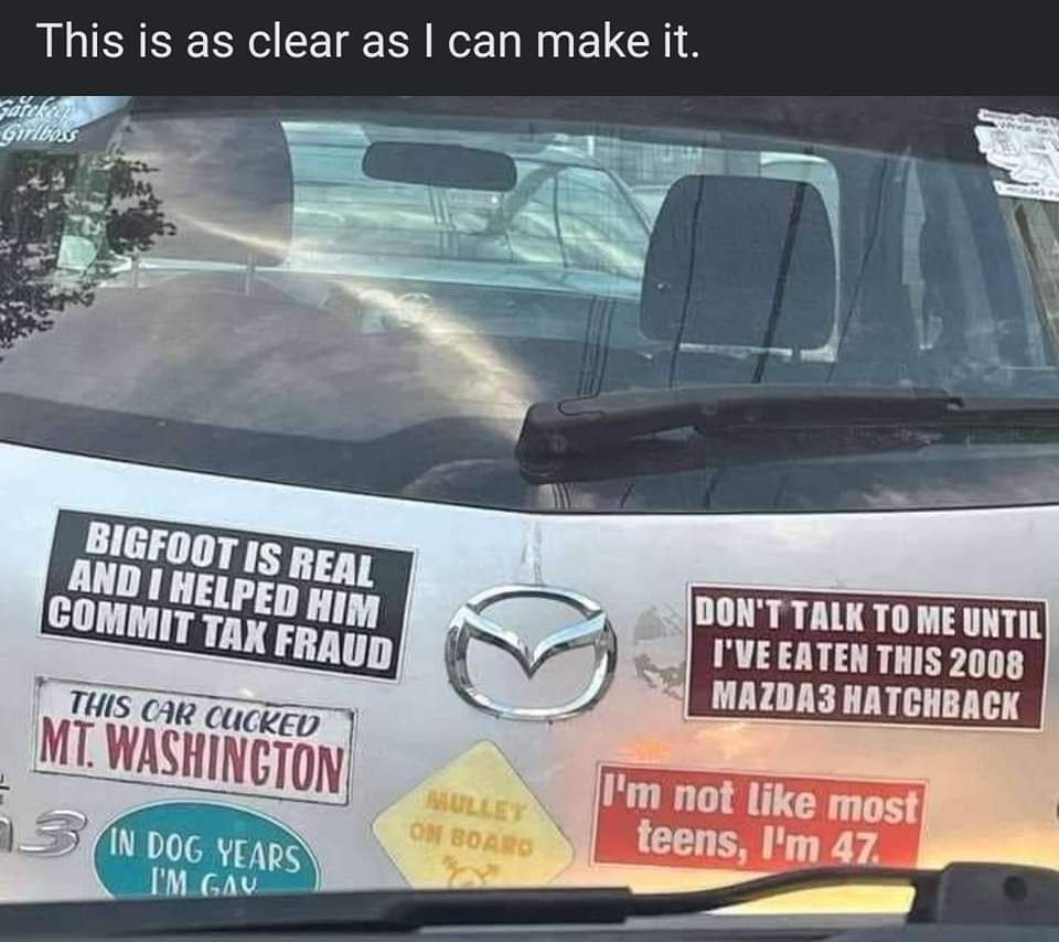 This car's bumper stickers are a whole mood, but 'Bigfoot is real and I helped him commit tax fraud' is next level.