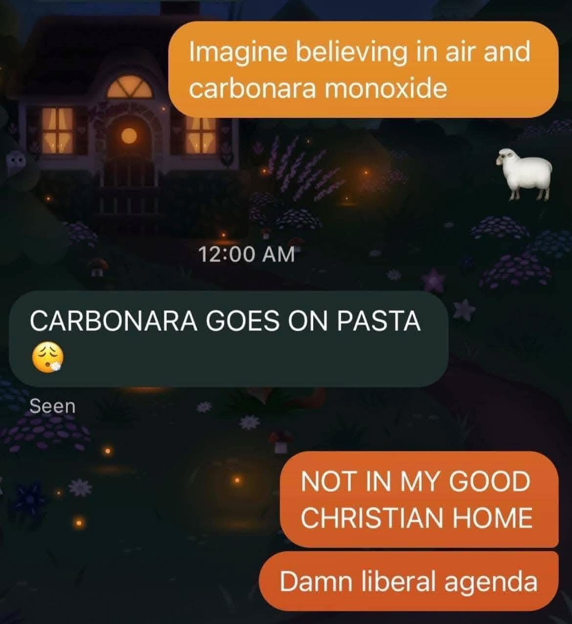 When you gotta protect your house from carbonara monoxide and liberal agendas all at once