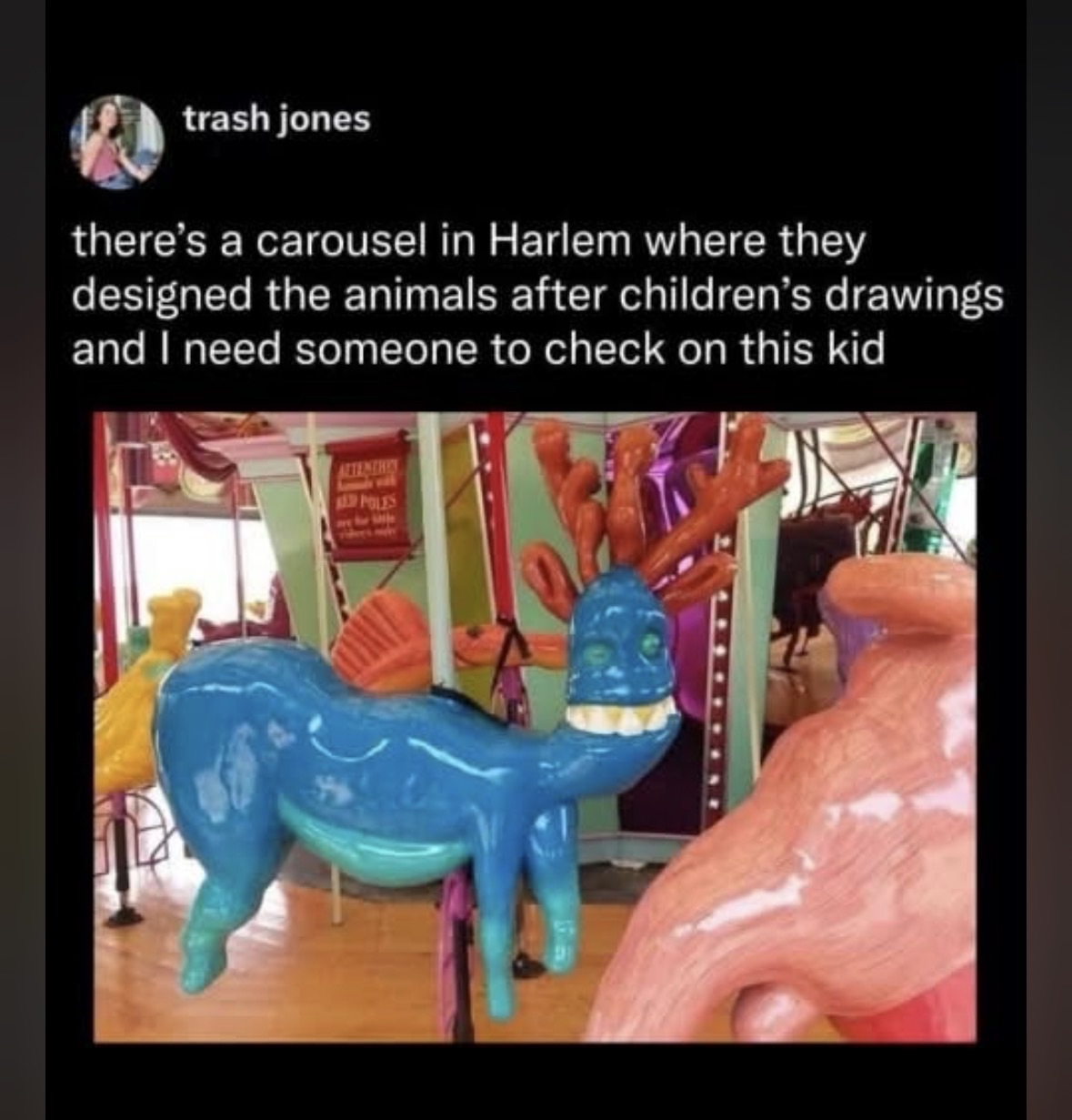 This carousel animal designed after a kid's drawing looks like it's seen some things