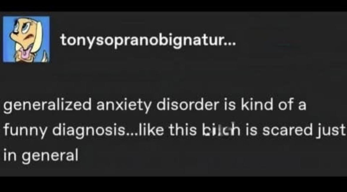 Lol, imagine having a diagnosis where you're just scared of everything all the time