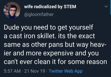 Me being told to buy a cast iron skillet when it's just a heavier, more expensive pan that's impossible to clean.