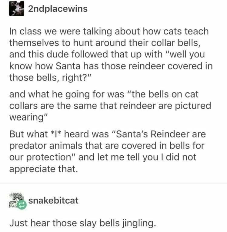 When you hear the cat collar bell lecture and your brain immediately goes to killer reindeer protecting us from Santa.