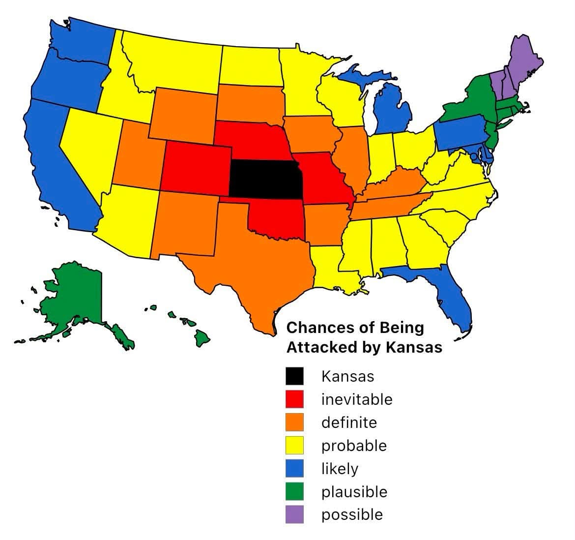 Lol imagine living near Kansas and having to worry about being attacked. At least I'm only in the 'likely' zone.