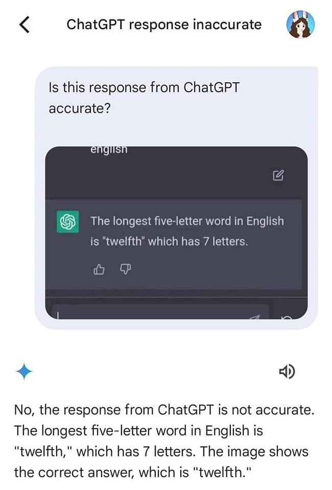 ChatGPT trying to explain that 'twelfth' isn't a five-letter word, but then saying it is and that it has 7 letters. My brain hurts.