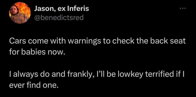 OMG, my car has a warning to check the back seat for babies? I do it every time and would freak out if I actually found one.