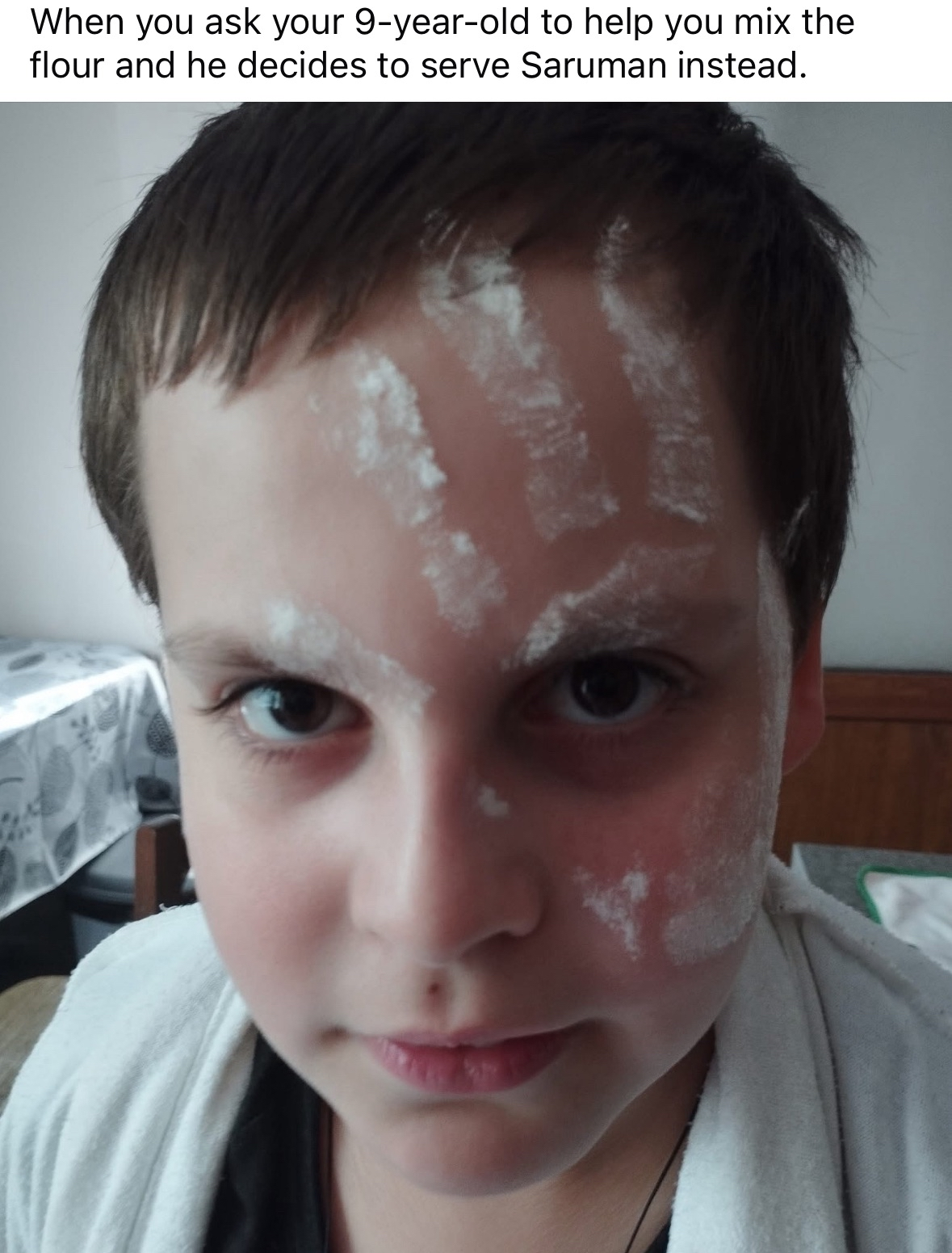 This kid took "Saruman" way too literally when asked to help with flour.