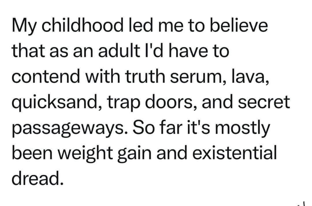 Thought I'd be fighting ninjas and lava pits as an adult, but nope, just dealing with sourdough starters and my student loan debt.