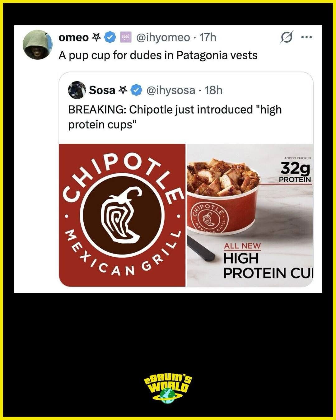 Chipotle is now selling "high protein cups" and apparently that's the new pup cup for Patagonia vest wearers.