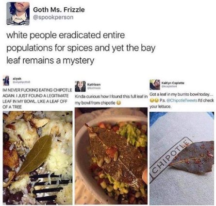 People in Chipotle finding whole leaves in their bowls and being confused, meanwhile someone points out the irony of colonizers going crazy for spices but bay leaves are still an enigma.