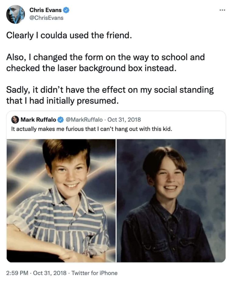 Chris Evans posting his glow-up and Mark Ruffalo is being protective over his childhood pic lol