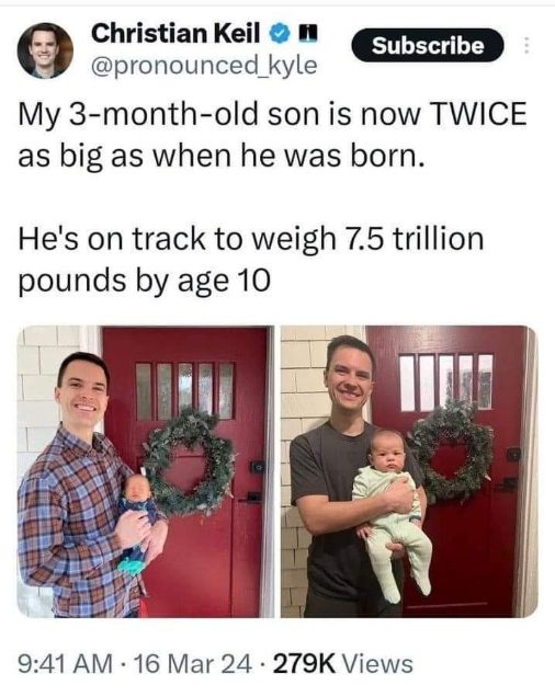 This dad is bragging about his son doubling in size but is mathing it up like he's gonna break the scale.