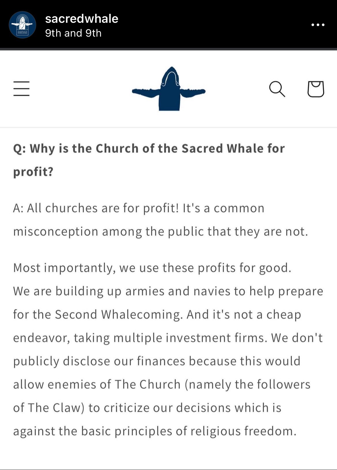 When your church is building armies and navies for the "Second Whalecoming" and taking on investment firms to fund it lol