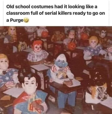 These old school Halloween costumes in a classroom make it look like a scene from The Purge
