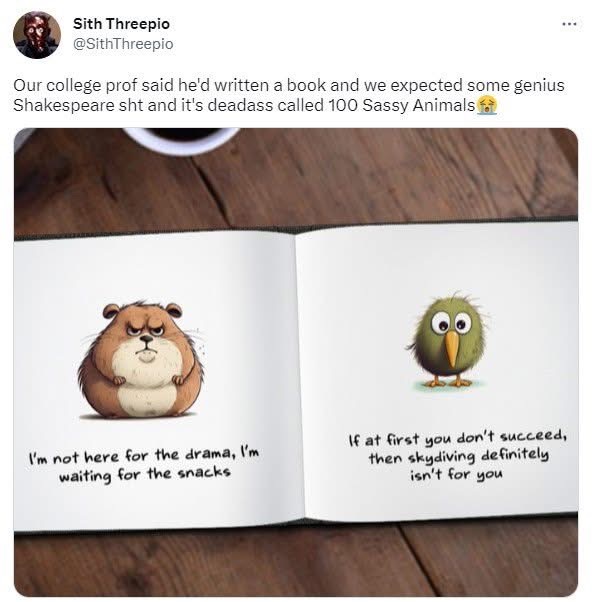 My college professor wrote a book called '100 Sassy Animals' and these are the vibes