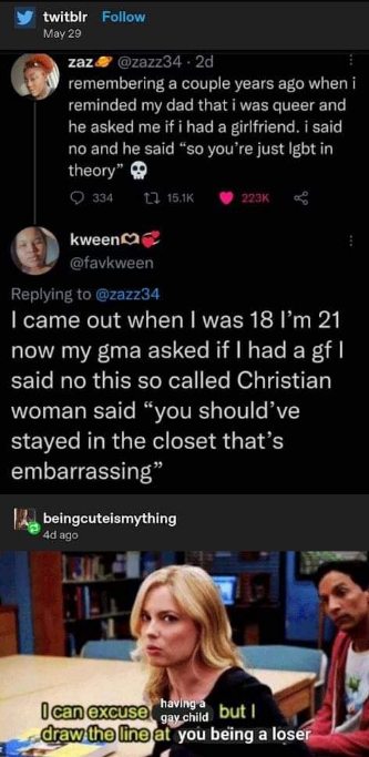 When your family uses your coming out story to fuel both your dad's "lgbt in theory" jokes and your grandma's homophobia.