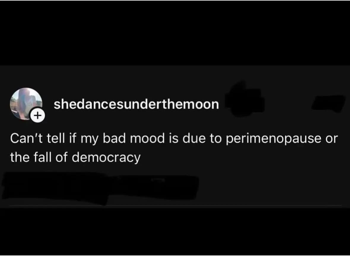 Idk if I'm just in a bad mood bc of perimenopause or bc democracy is crumbling