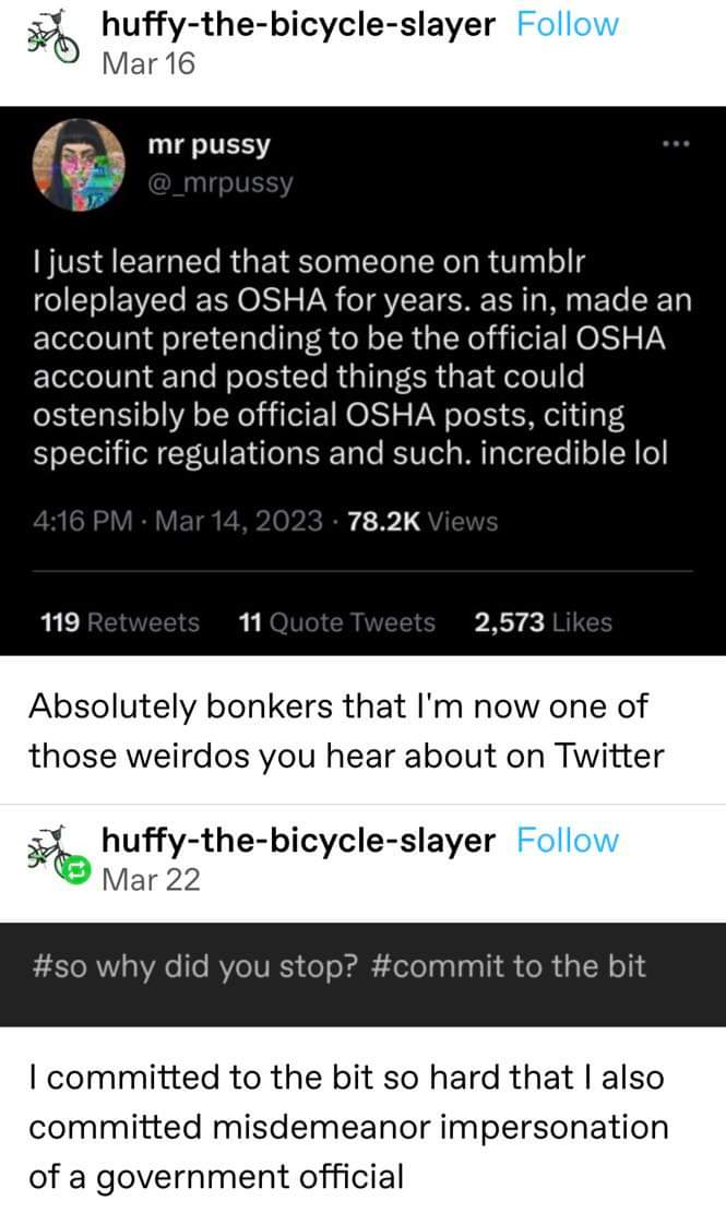 This person committed so hard to roleplaying as OSHA that they basically impersonated a government official lol.