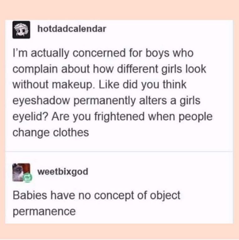 This dude is comparing makeup to babies not understanding object permanence. Pretty sure the second person nailed it.