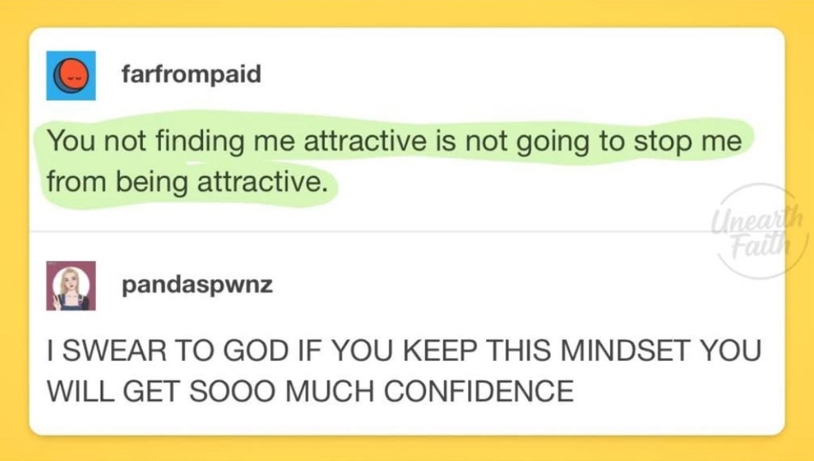 This person is out here with the ultimate confidence boost and someone's agreeing so hard.