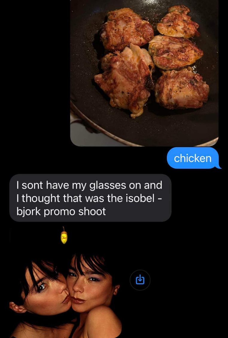 My friend forgot their glasses and thought cooked chicken was Bjork's album cover lol