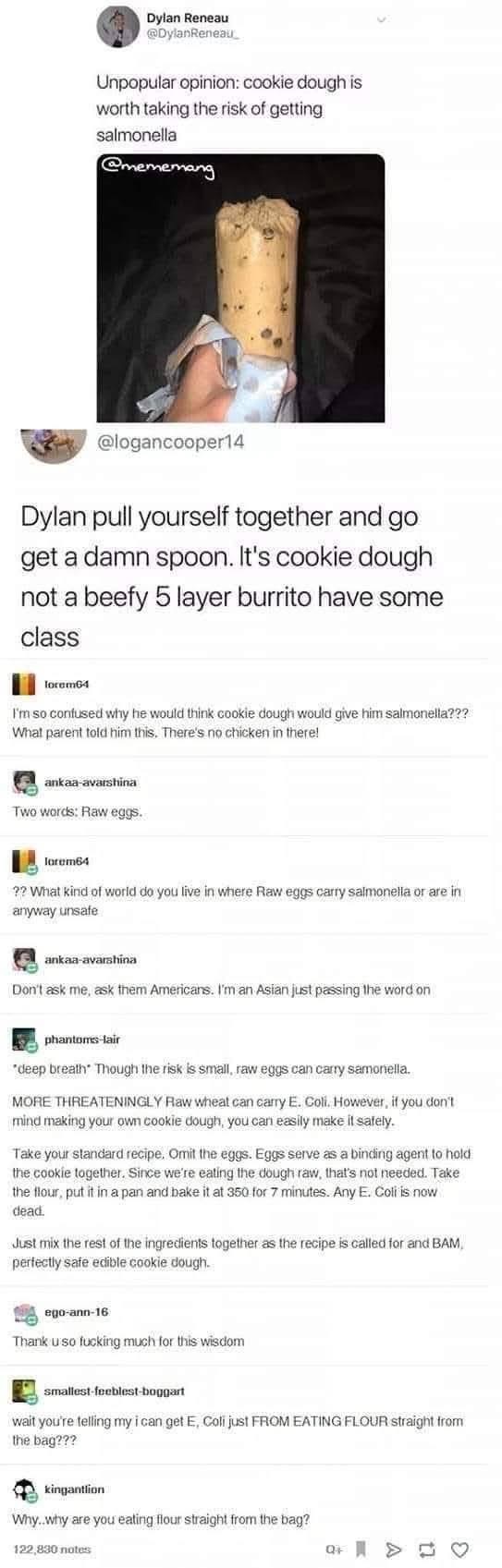 My brain when I see cookie dough: 'Risk of salmonella? Worth it.' My brain when someone explains raw eggs are the problem: 'Wait, you can get E. coli from FLOUR??'