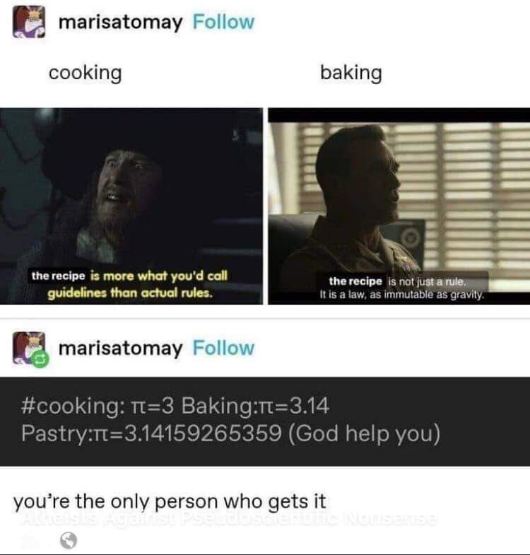 Explains the difference between cooking and baking using movie quotes and then hilariously applies it to pi for cooking, baking, and pastry.