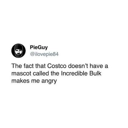 Seriously, how does Costco not have a mascot called the Incredible Bulk? So mad.