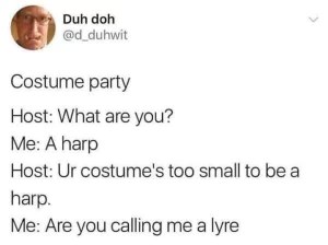 The host didn't get the pun and implied the costume was too small, so now I have to defend myself against the accusation of being a lyre.