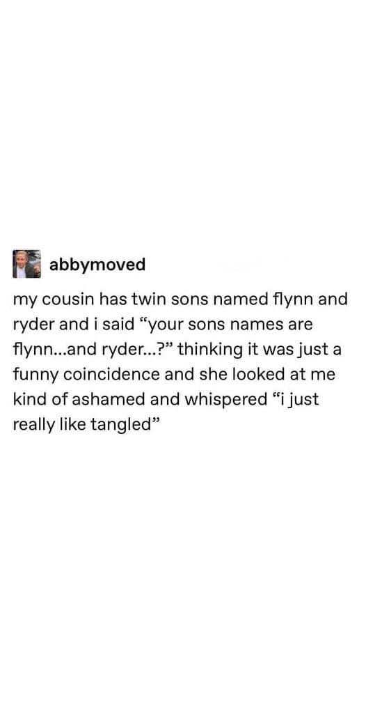 When your cousin names her twin sons Flynn and Ryder and you realize it's because she's obsessed with Tangled
