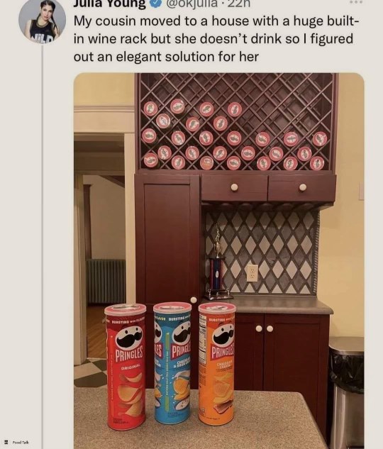 So my cousin has a giant wine rack but doesn't drink, so I filled it with Pringles instead.