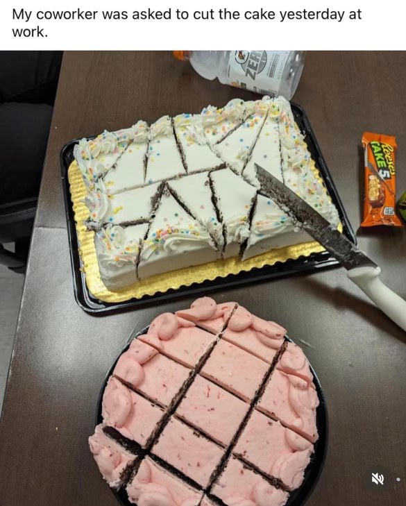 My coworker was asked to cut cakes and honestly, I don't think they've ever actually seen a cake before.