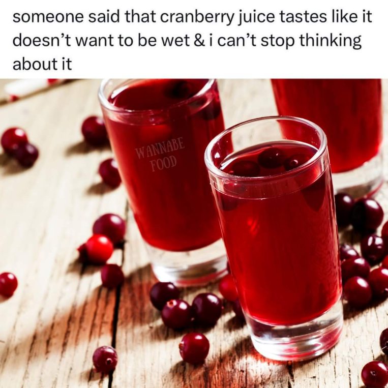 Someone said cranberry juice tastes like it doesn't wanna be wet and now I can't un-think it.