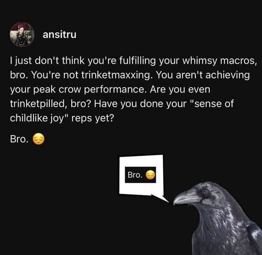 When your friend is really pushing the 'whimsical crow' aesthetic too hard