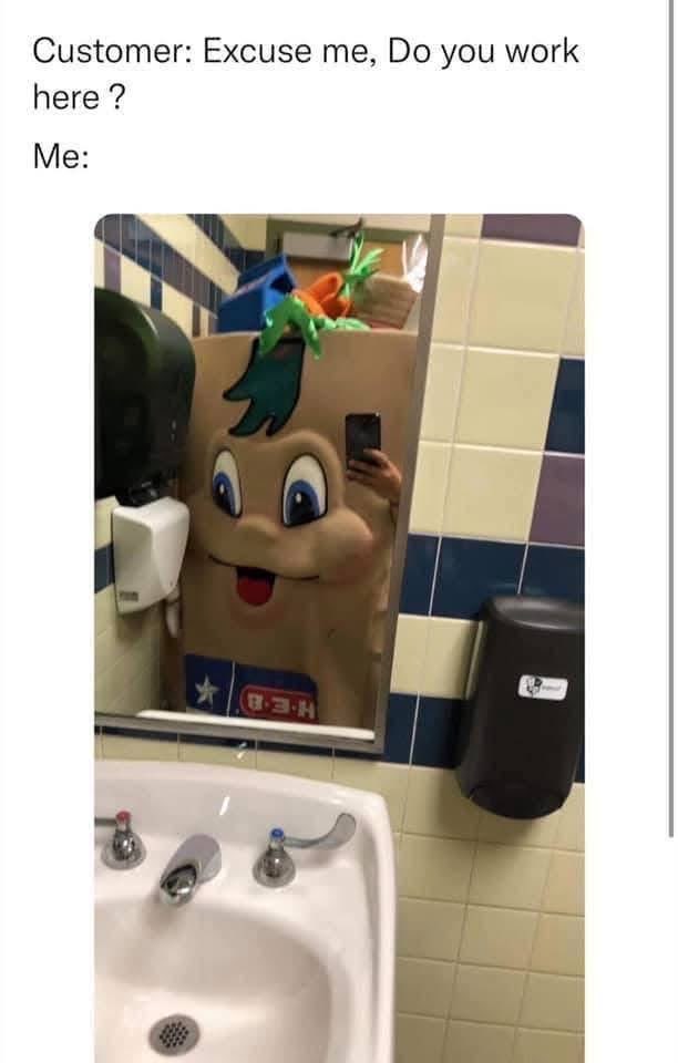 Customer: Excuse me, do you work here? Me, in a giant mascot costume: