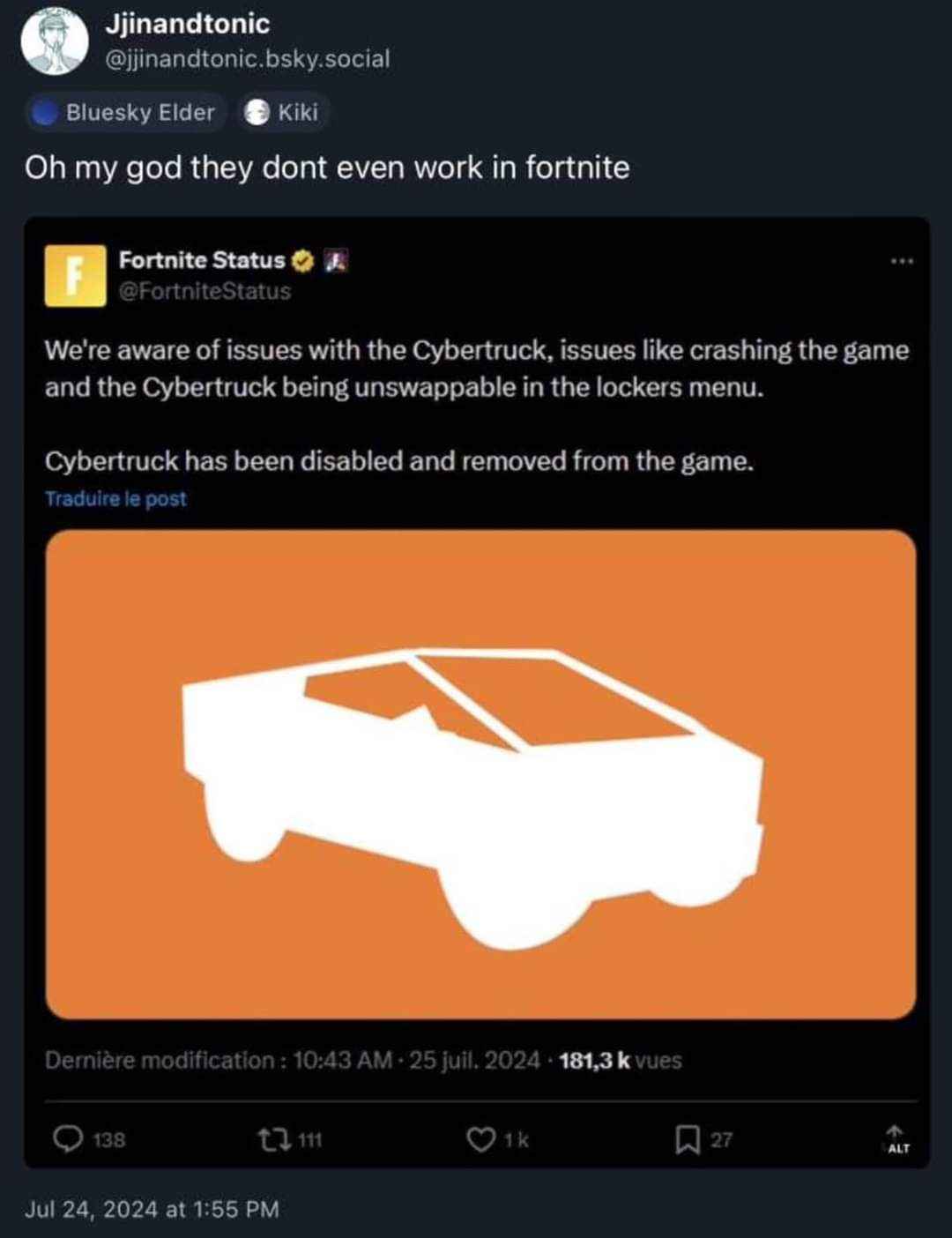 When the Cybertruck's too buggy for Fortnite and gets yeeted from the game
