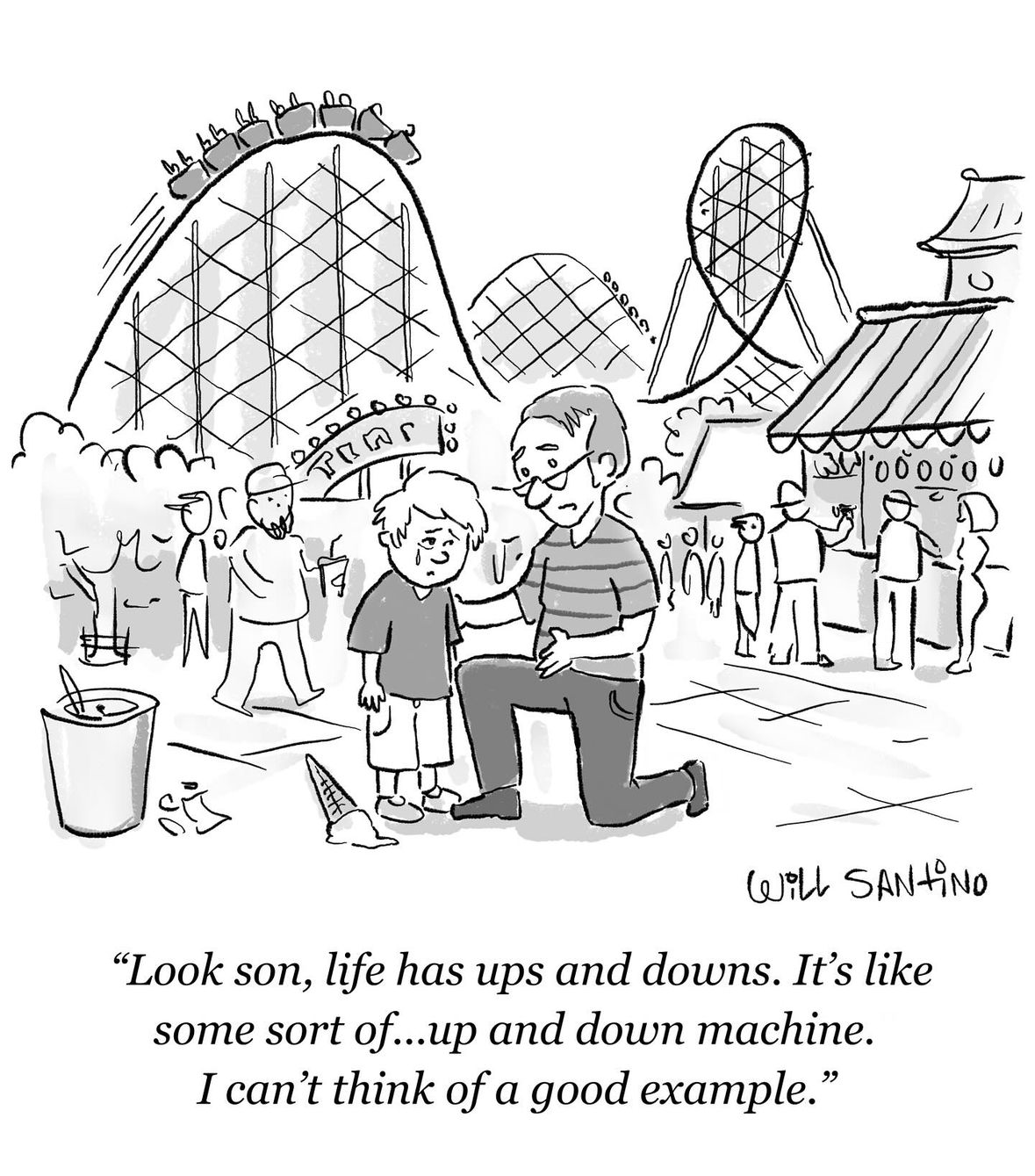 Dad tries to explain life's ups and downs with a roller coaster but fails to connect it to the dropped ice cream cone.