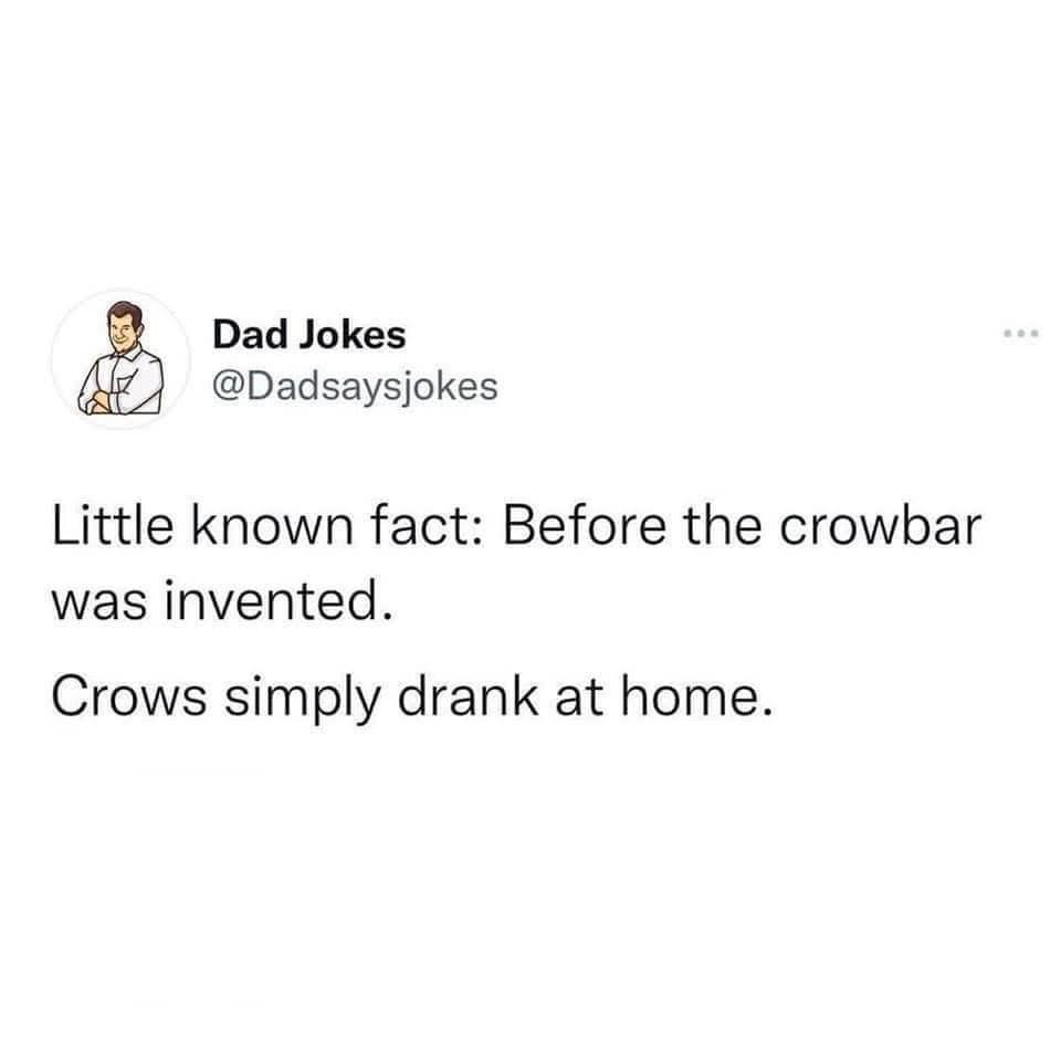 this dad joke is a whole mood. before crowbars, crows just stayed home and drank.