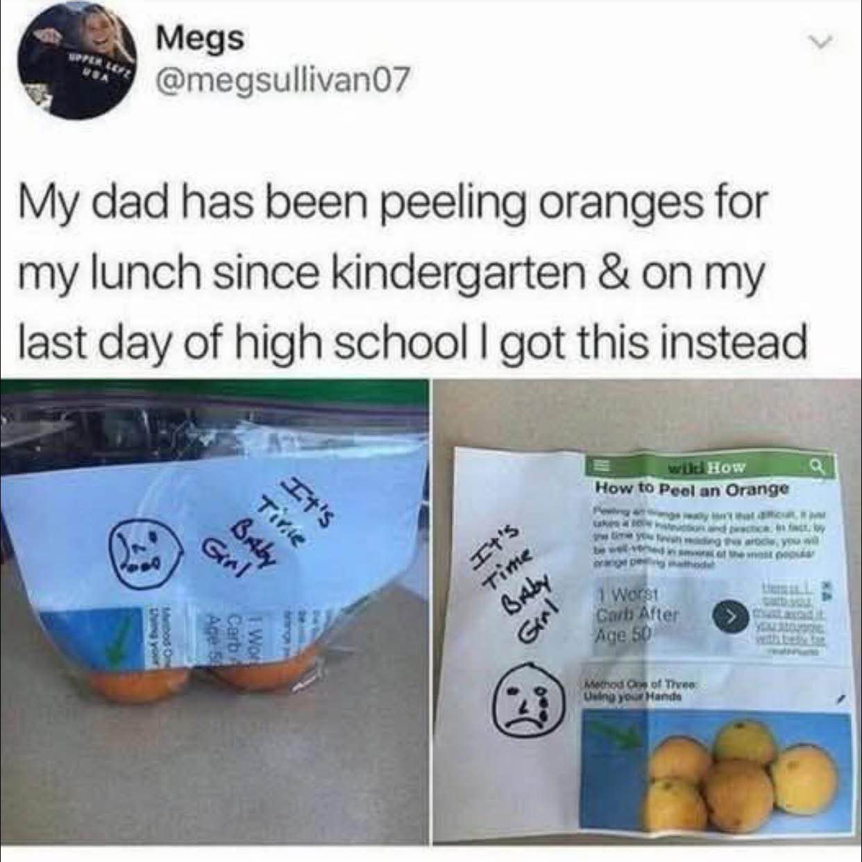 My dad stopped peeling my oranges for me on my last day of high school and instead gave me a wikiHow article on how to do it myself. Ouch.