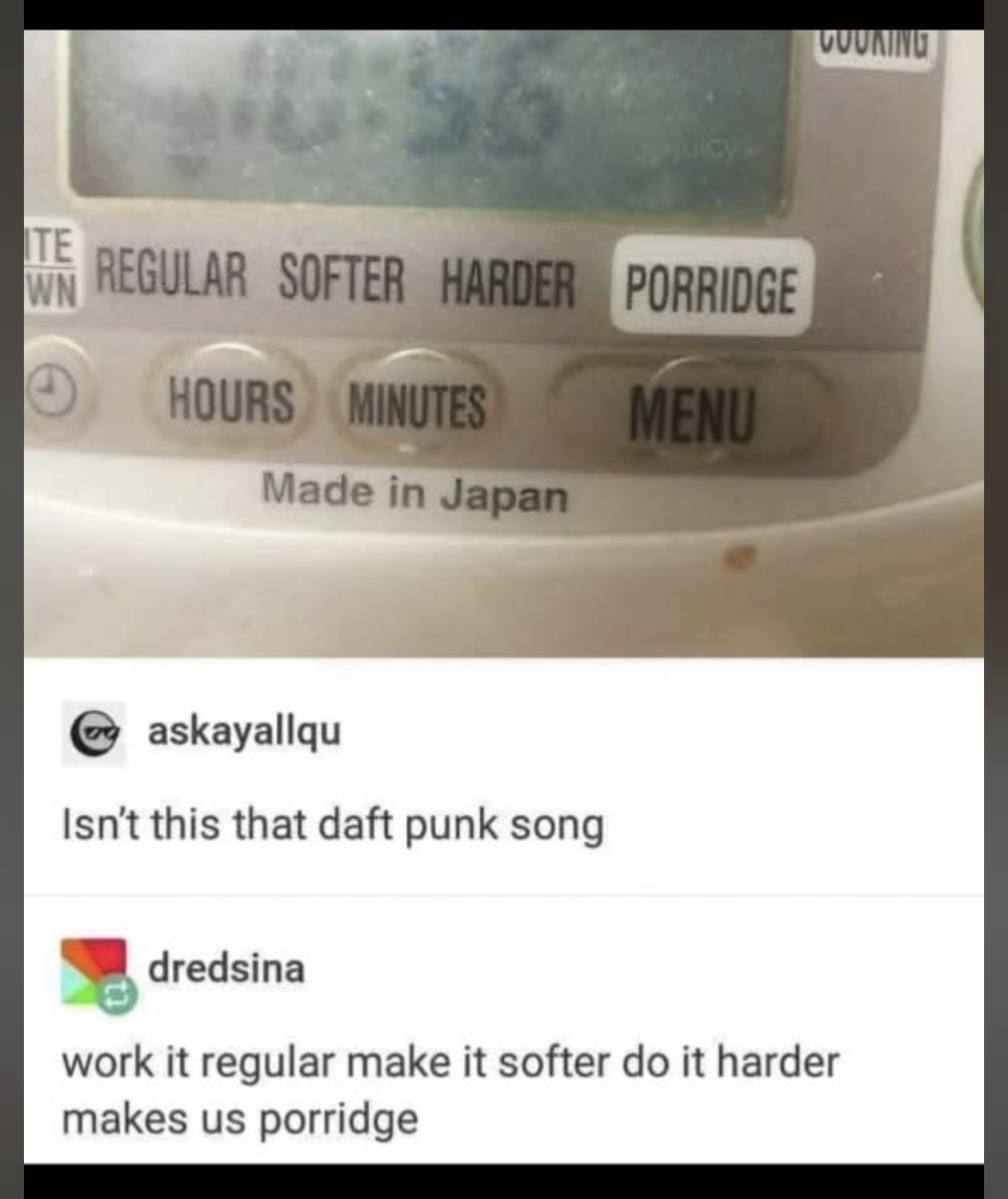 Someone found the Daft Punk lyrics on a rice cooker menu