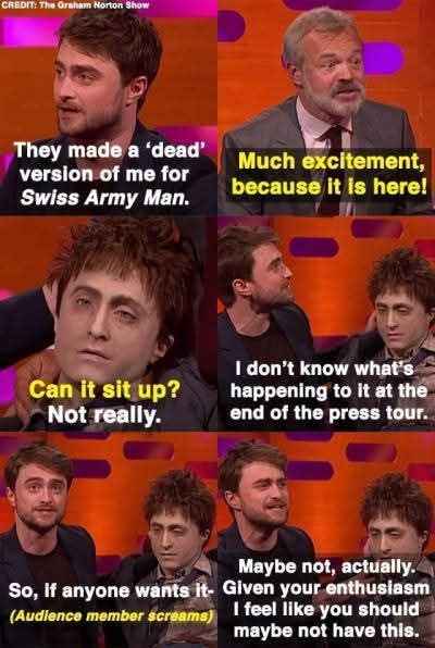 Daniel Radcliffe describing his Swiss Army Man character like it's a used car he's trying to unload.