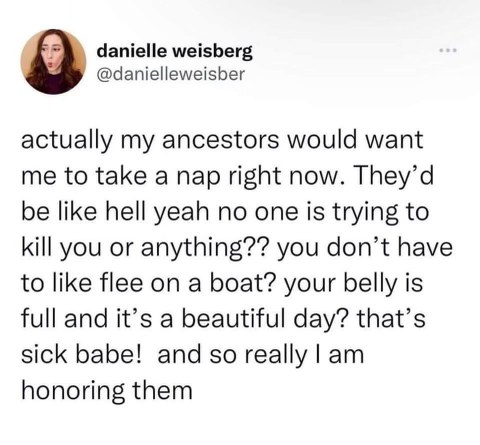 My ancestors would totally be cool with me taking a nap bc nobody's trying to kill me and my belly is full.