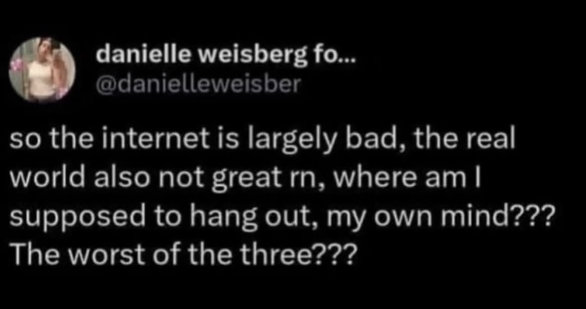 When the internet and the real world both suck and your own mind is the only place left to hang out but it's the worst of the three