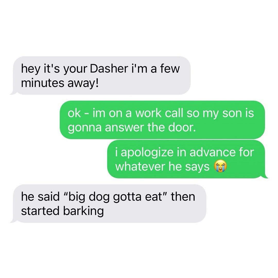 My son answering the door for the Dasher and being an absolute legend
