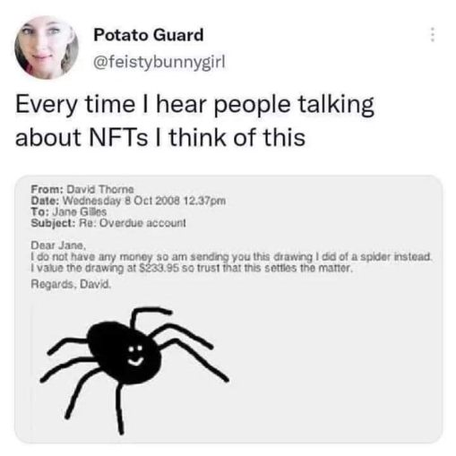 When you can't pay your debt so you send a drawing of a spider and say it's worth $233.95 lol