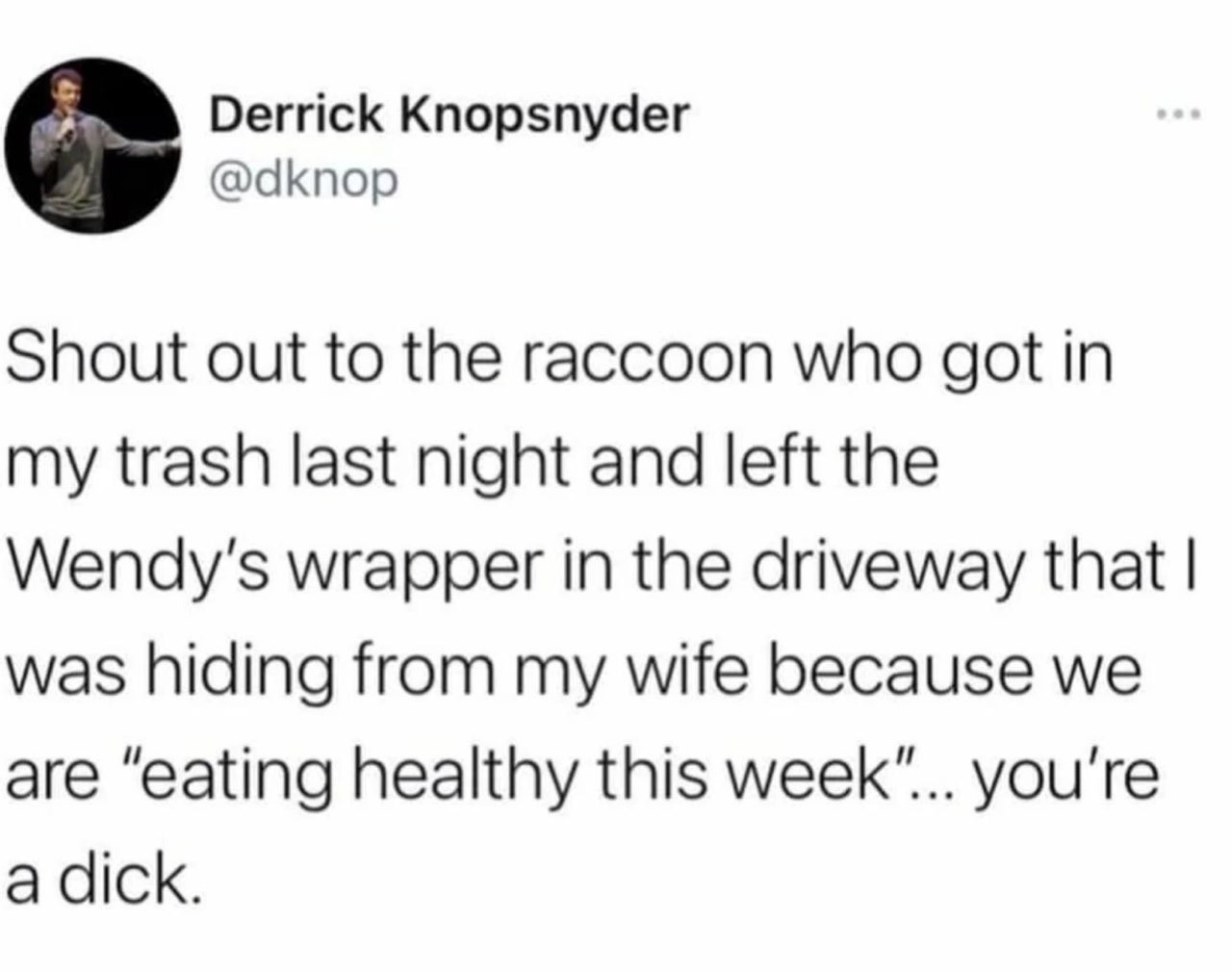 This raccoon is my spirit animal for exposing my secret Wendys habit to my wife.