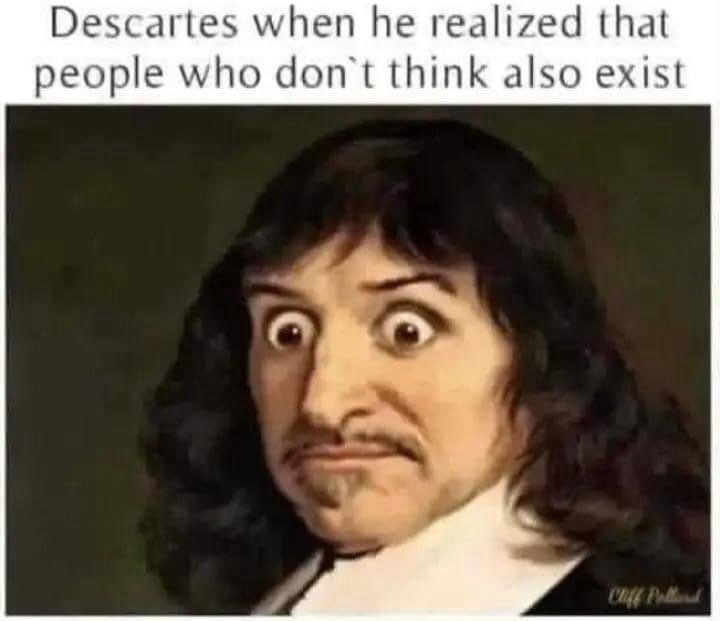 Descartes when he realized that people who don't think also exist. Like, whoa.